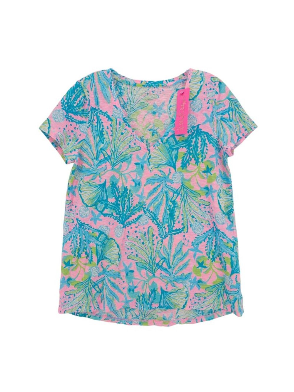 NWT LILLY PULITZER Etta V Neck Tee Top Mandevilla Hip Nautic 100% Cotton MEDIUM